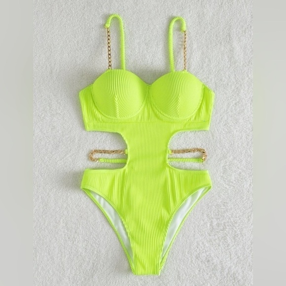 Lime Lush Sexy Cut-out Chain Decor One Piece Swimsuit Monokini. - Picture 3 of 5
